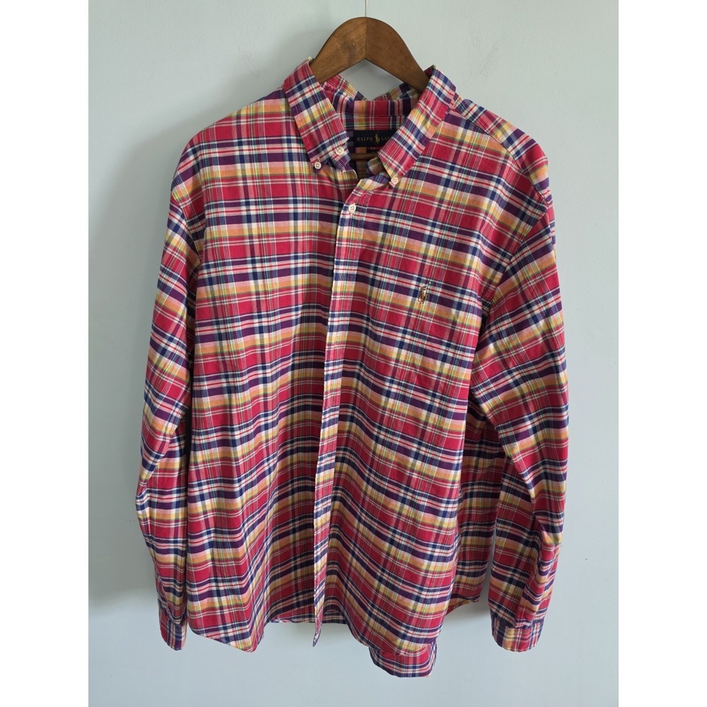 Ralph Lauren Plaid Pink Green Blue Yellow Button Down Shirt CUSTOM FIT Men's XXL